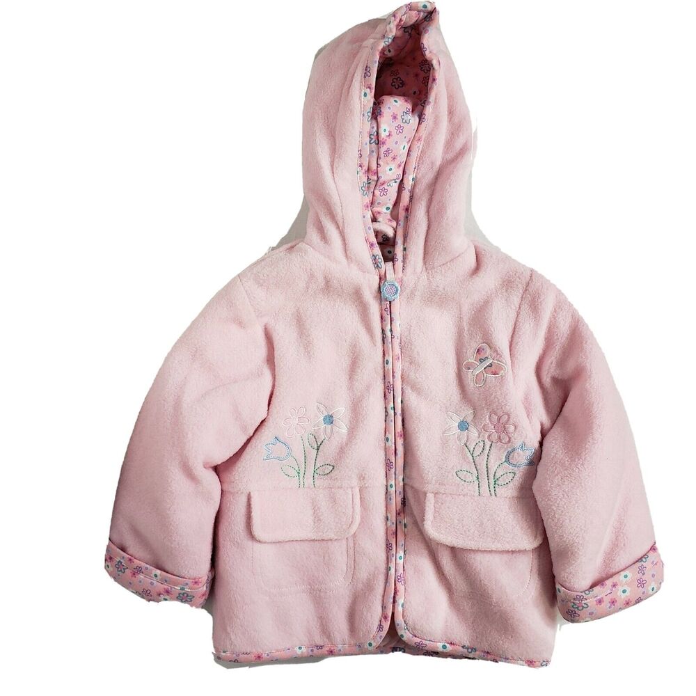 Casual Time Baby Girl Fleece Hooded Jacket Sz 24M Pink Full Zip Floral Flip Cuff